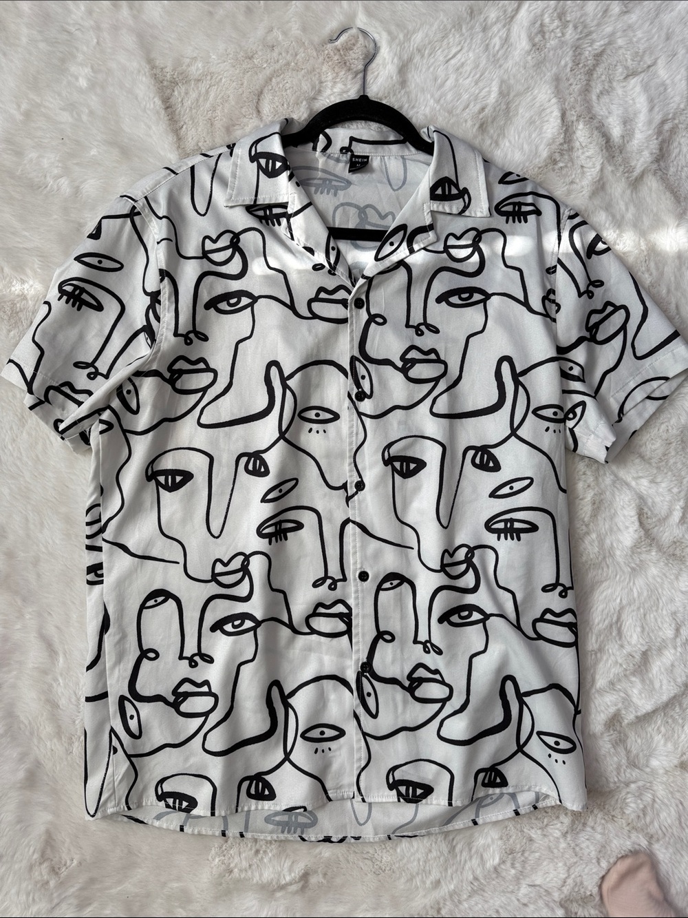 SHEIN White Short Sleeve Button-Down with Black Abstract Face Line Art